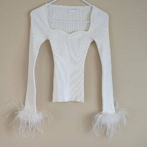 XS Lovers And Friends Ribbed Ostrich Feather Shirt Long Sleeve Top